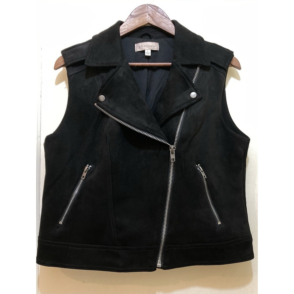 Philosophy Moto Vest Womens L Black Faux Suede Leather Zip Pockets‎ Biker Grunge